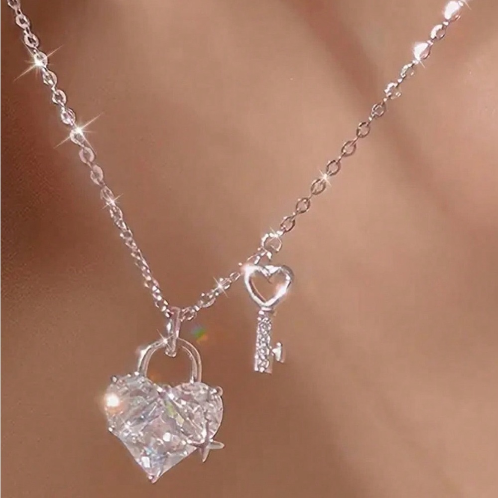 Silver Heart and Key Pendant Necklace